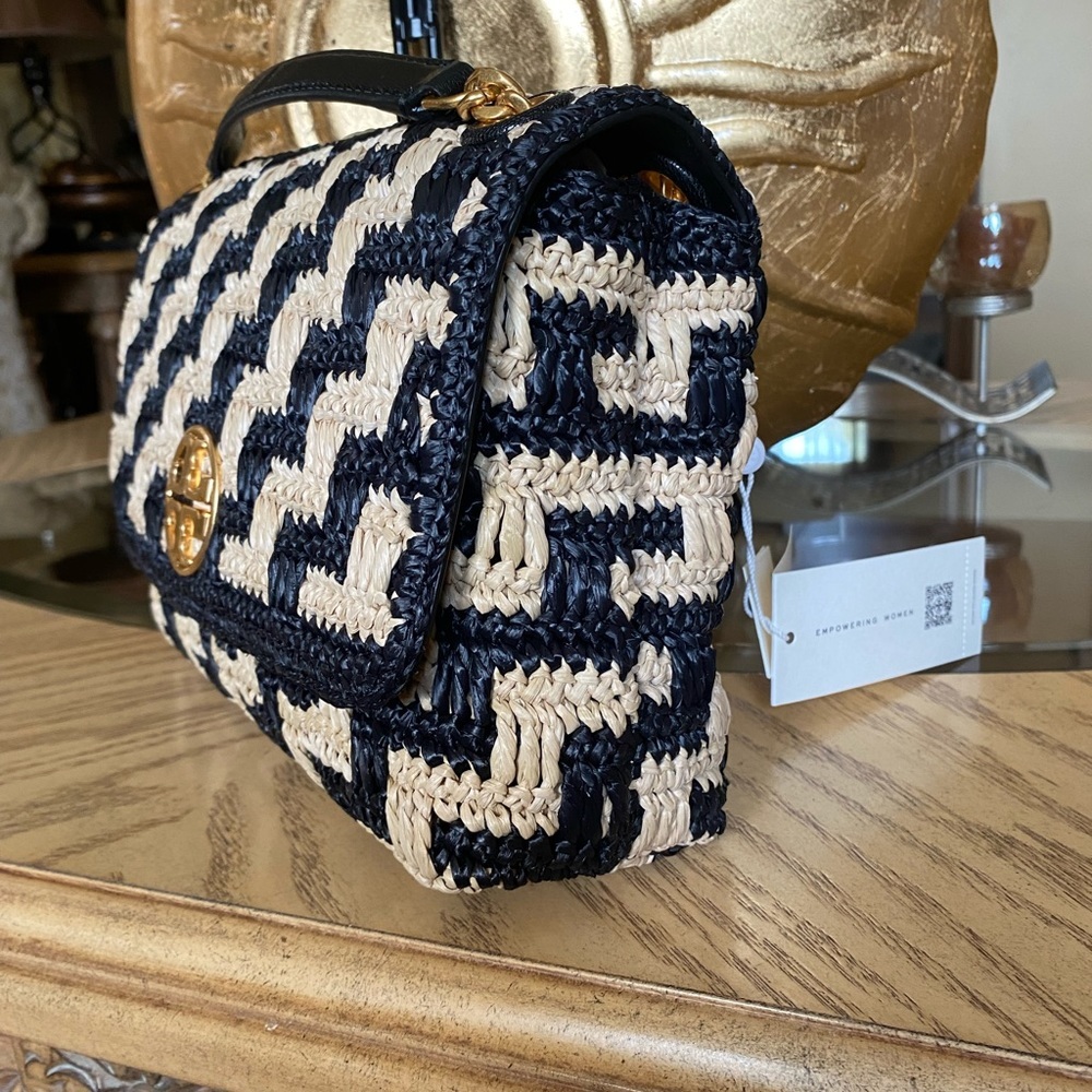 Tory Burch Willa Straw Small Shoulder Bag Black & Pale Khaki - Picture 6 of 14